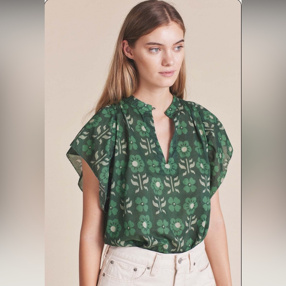 Anthropologie Green Floral Flutter-Sleeve Blouse